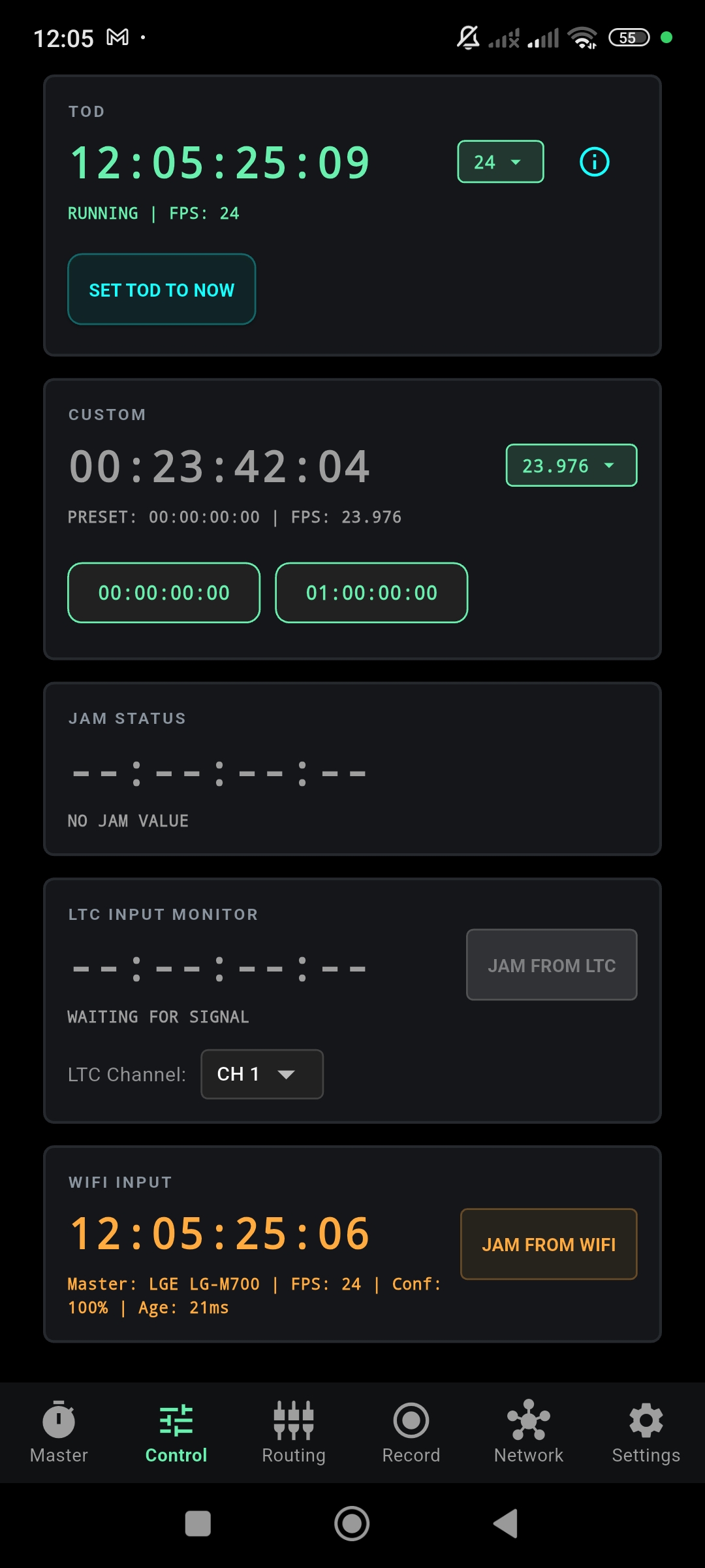 OSRTIME Control Page with LTC and WiFi Inputs