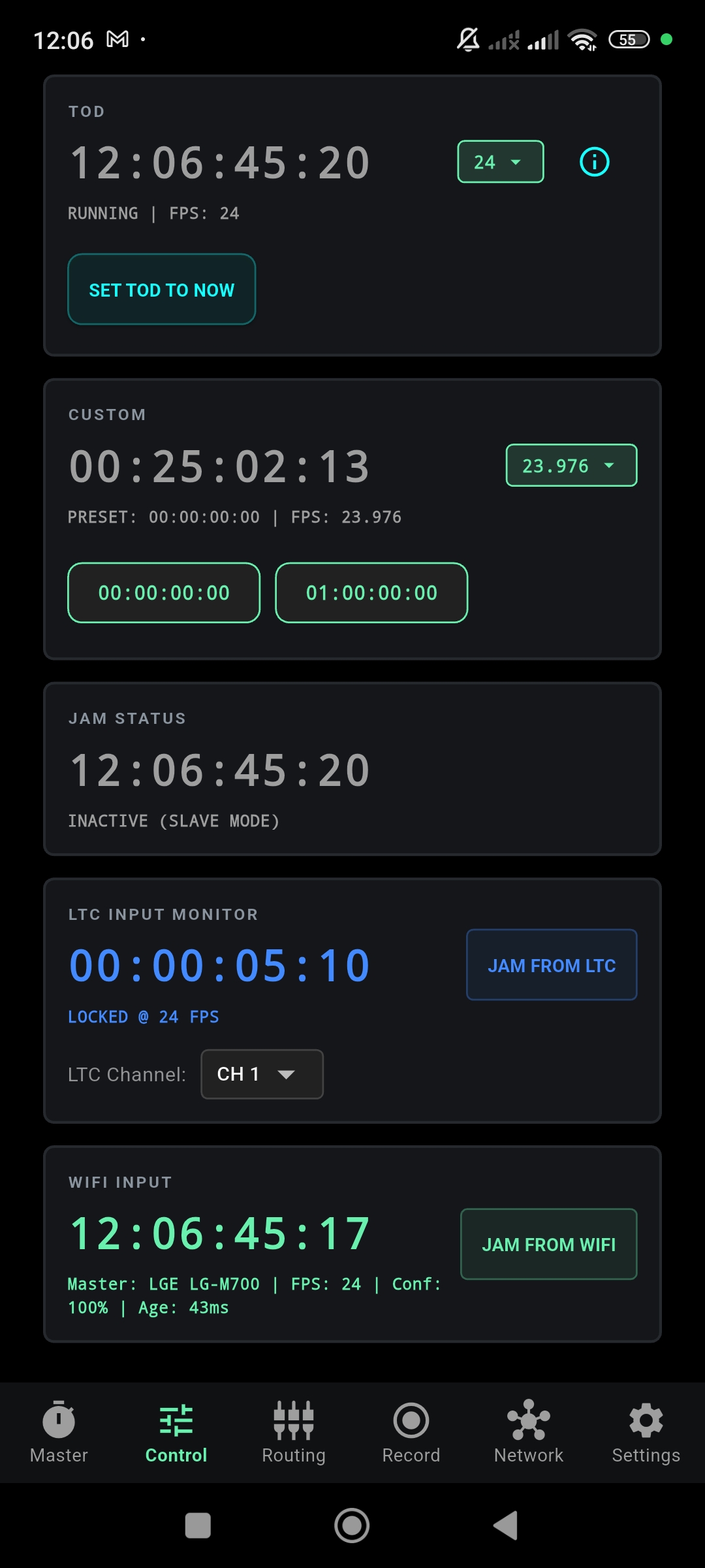 OSRTIME Control - LTC Locked at 24 FPS