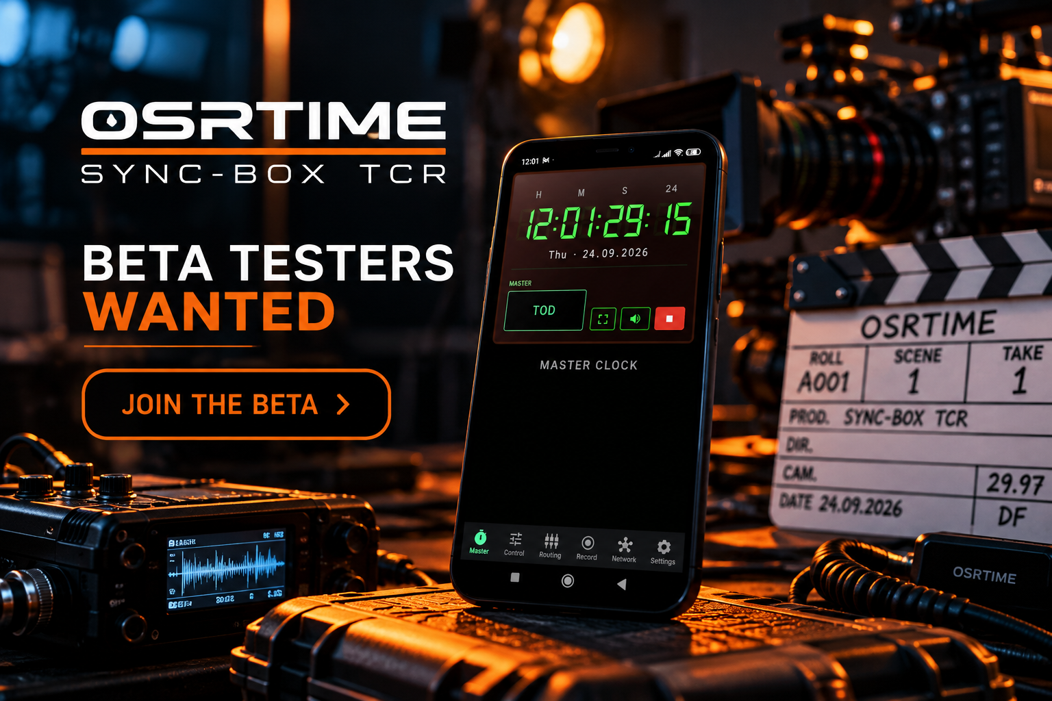 OSRTIME Sync-Box TCR — Beta Testers Wanted. Professional timecode on Android, shown on a film set.